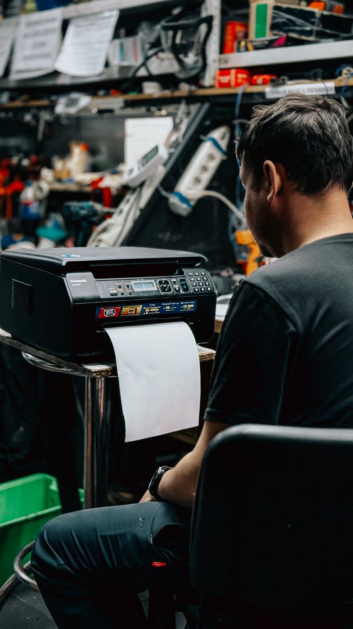 A man operates a printer in a cluttered workshop, focusing on printing documents.
